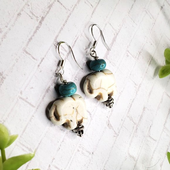 Boho Elephant Earrings Turquoise Howlite Natural Stone Dangles - Picture 2 of 3
